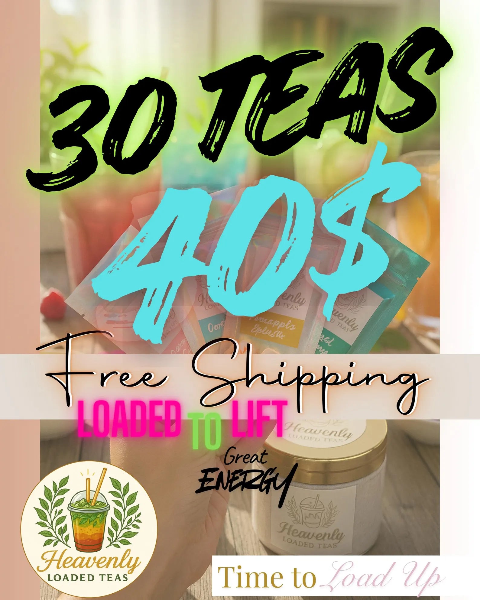 30 Full Size Loaded Tea To Go At Home ( ZERO Sugar ) Fills 32 Oz | Keto Friendly Full flavor Nutrition + ENERGY | Sugar Free Teas