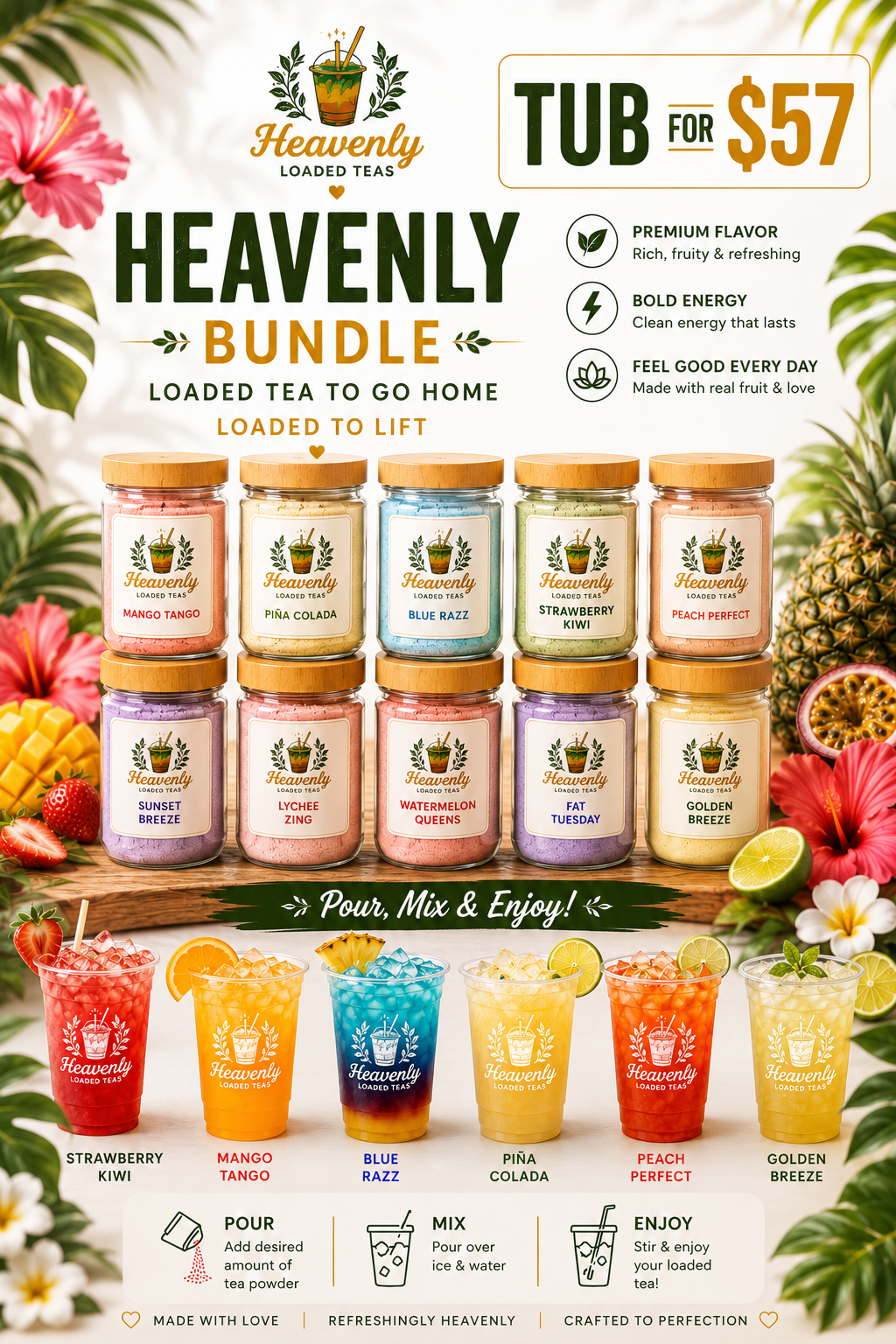 Tub With 30 Servings | Loaded Tea To Go At Home ( ZERO Sugar ) Fills 32 Oz | Keto Friendly Full of flavor Nutrition + ENERGY | Sugar Free Teas