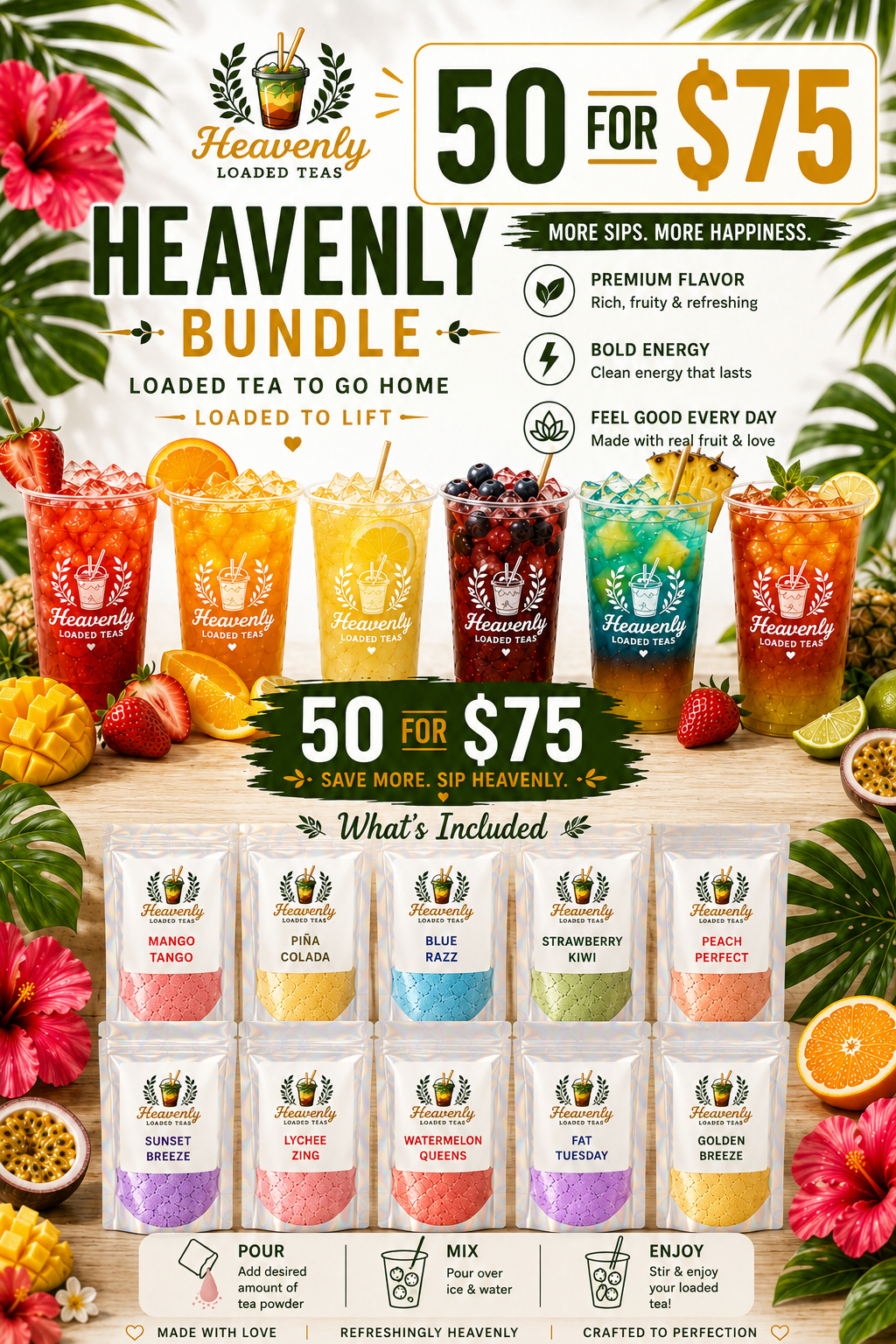 50 Pack | Mega Loaded Tea To Go At Home ( ZERO Sugar ) Fills 32 Oz | Keto Friendly Full of flavor Nutrition + ENERGY | Sugar Free Teas