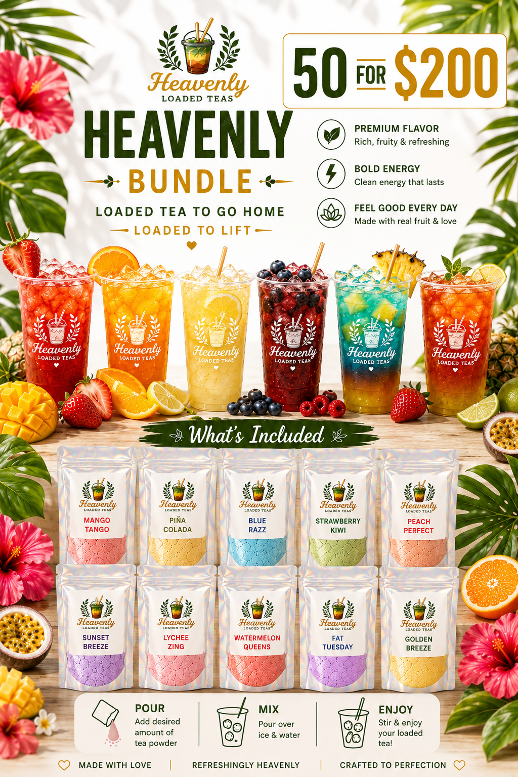 50 Pack | Mega Loaded Tea To Go At Home ( ZERO Sugar ) Fills 32 Oz | Keto Friendly Full of flavor Nutrition + ENERGY | Sugar Free Teas